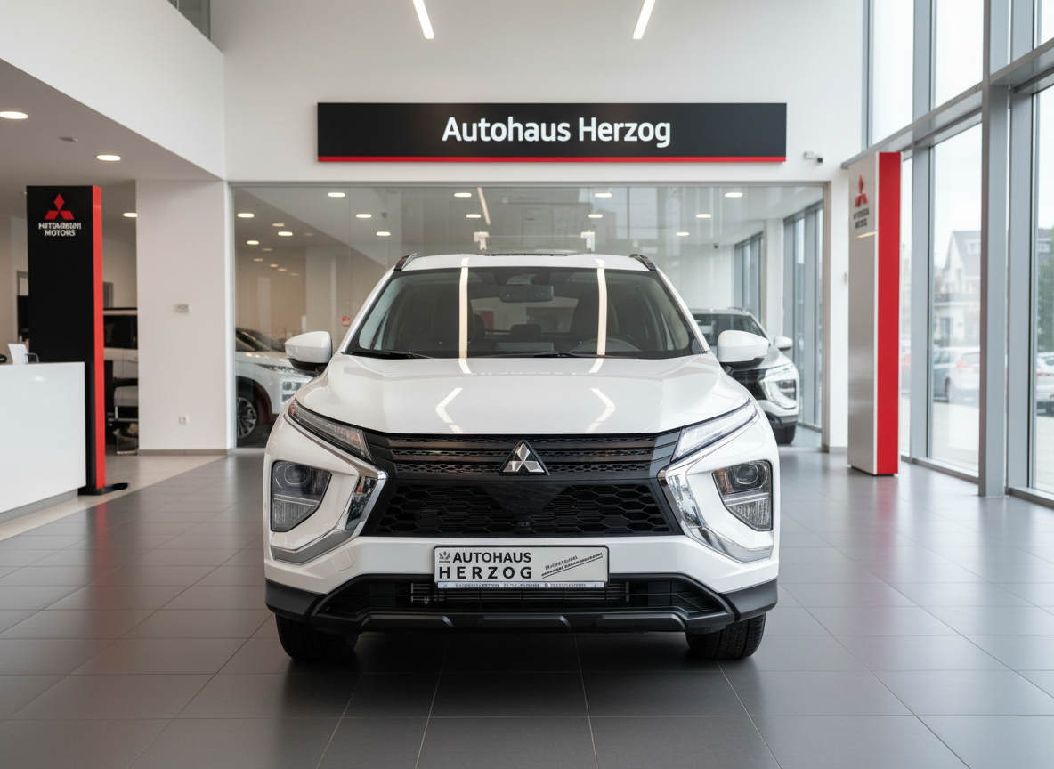 Weißer Mitsubishi Eclipse Cross Frontansicht im Autohaus Herzog Showroom