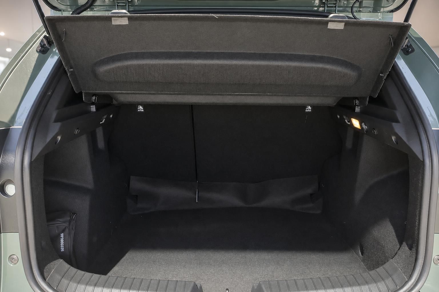 Geräumiger Kofferraum eines grünen SUV mit aufgeklappter Heckklappe und schwarzem Teppichboden