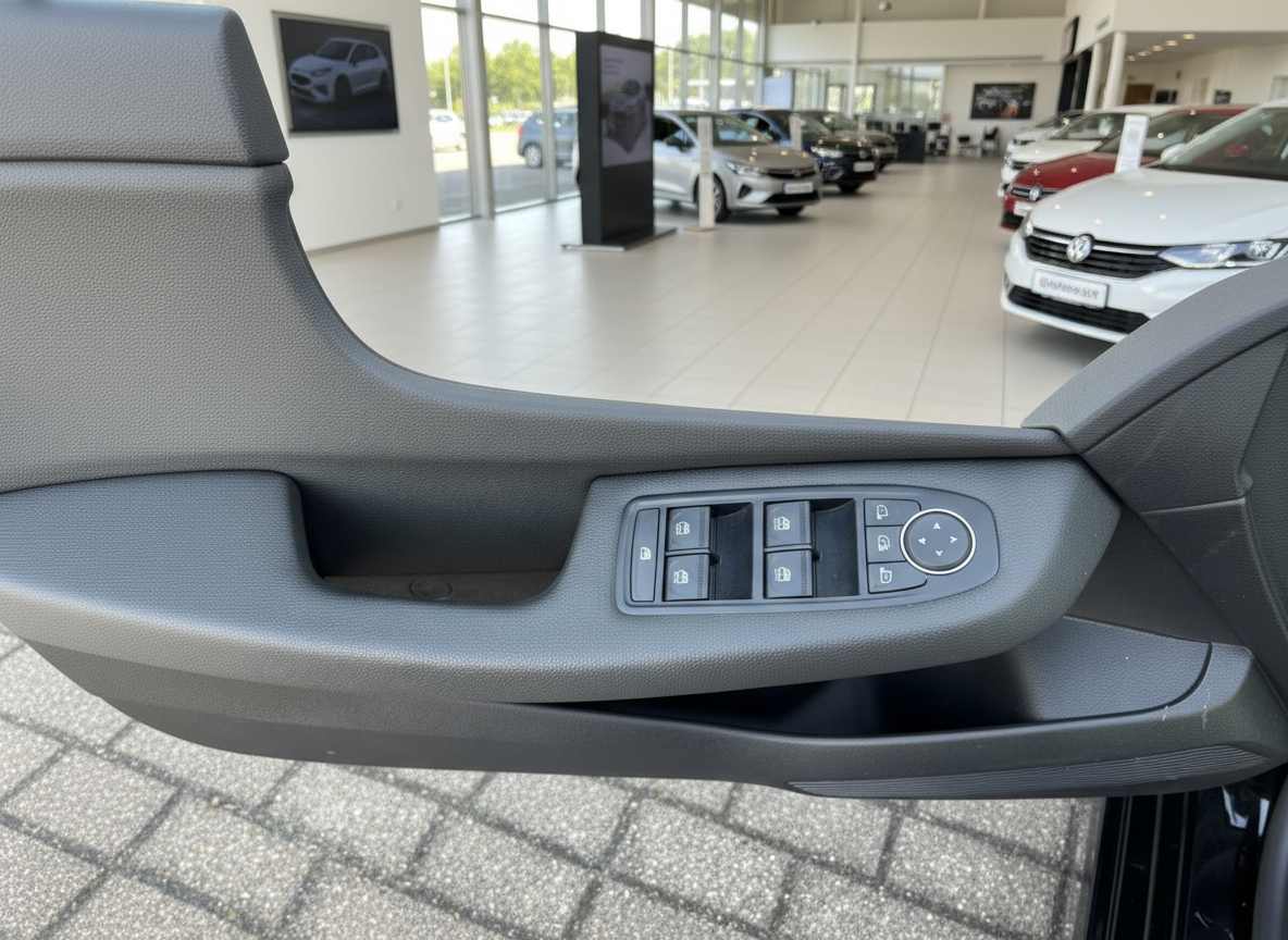 Fahrzeugtür Innenansicht mit elektrischen Fensterhebern und Spiegelverstellung im Autohaus