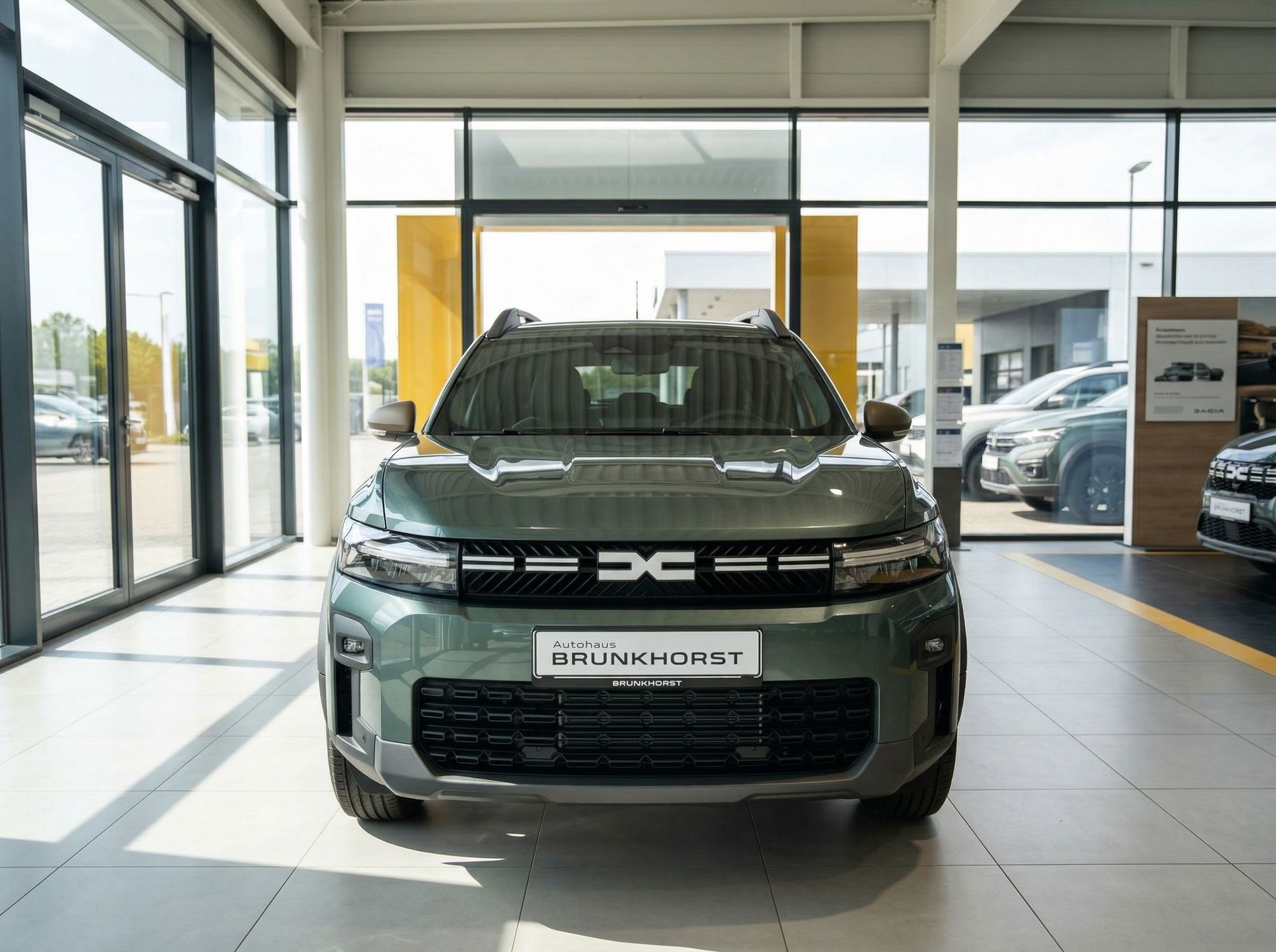 Dacia SUV Frontansicht in grün im Autohaus - moderne Front mit charakteristischem Kühlergrill