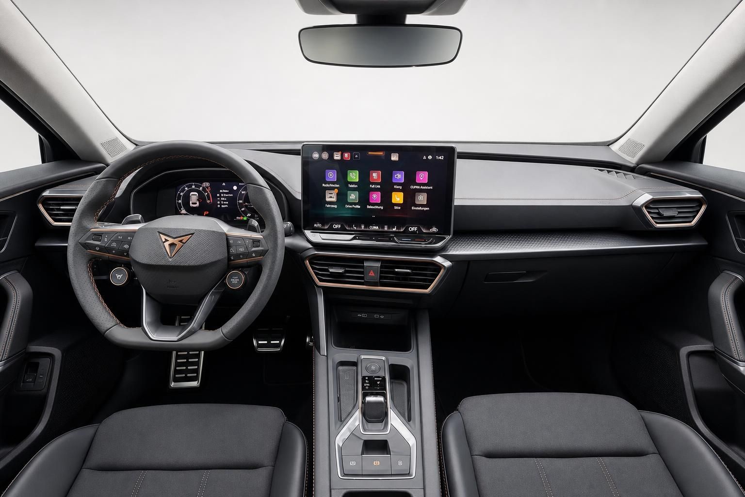 Cupra Cockpit mit Lenkrad und Infotainment-Touchscreen im Detail