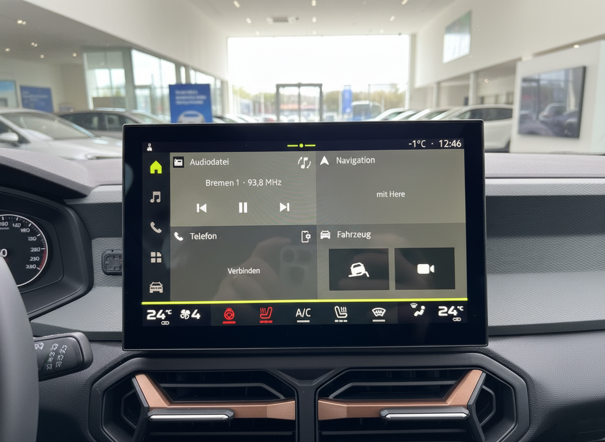 Škoda Infotainment-Display Innenraum mit Navigation und Audiofunktionen im Autohaus