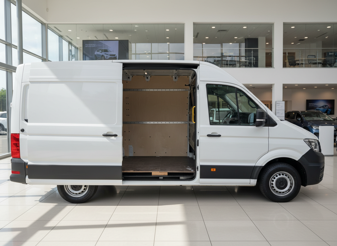 Weißer Volkswagen Crafter Kastenwagen mit geöffneter Schiebetür im Autohaus