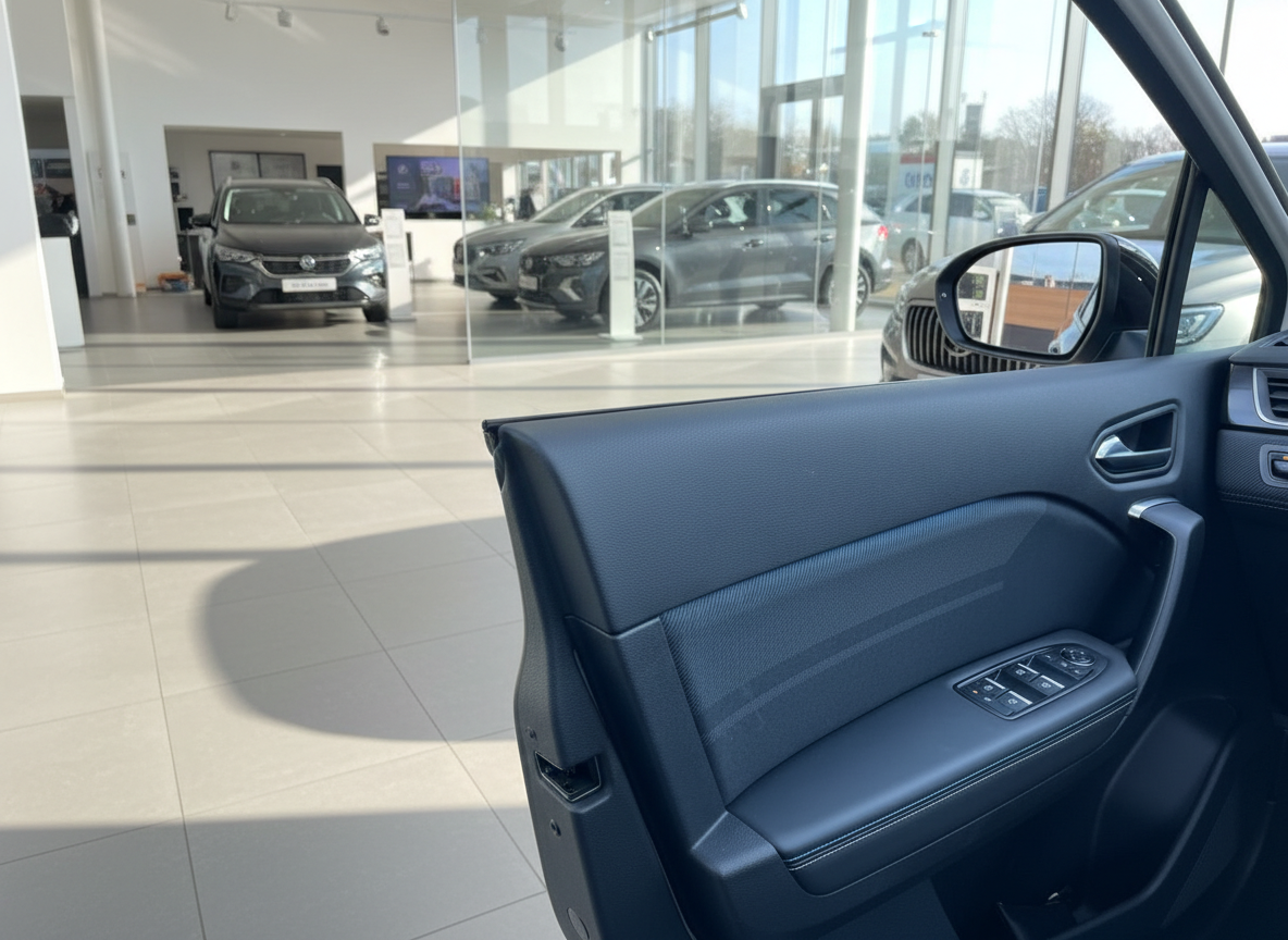 Fahrzeuginnenraum Fahrertür mit Fensterheber und Spiegel in VW-Autohaus