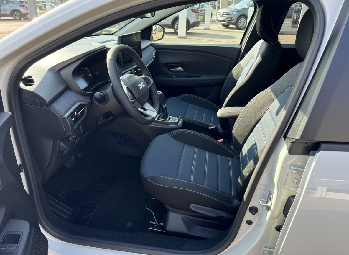 Dacia Innenraum Fahrerseite mit schwarzen Stoftsitzen, Lenkrad und Mittelkonsole