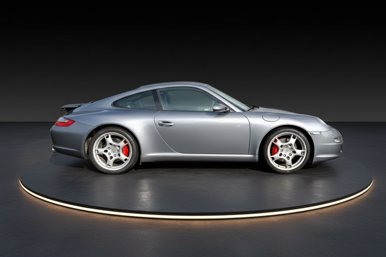 Silberner Porsche 911 Carrera (997) Coupé in Studioaufnahme – Seitenansicht mit roten Bremssätteln