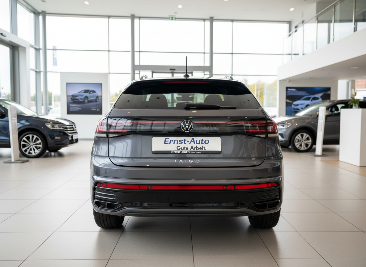 VW Volkswagen Taigo grau Heckansicht im Autohaus Ernst-Auto Showroom