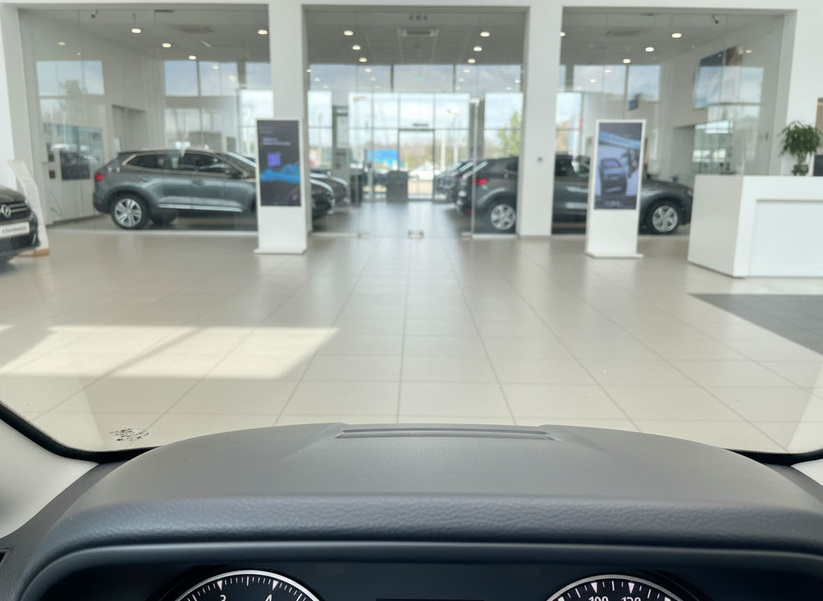 Blick aus dem Innenraum eines Fahrzeugs auf ein modernes Autohaus-Showroom mit mehreren SUVs