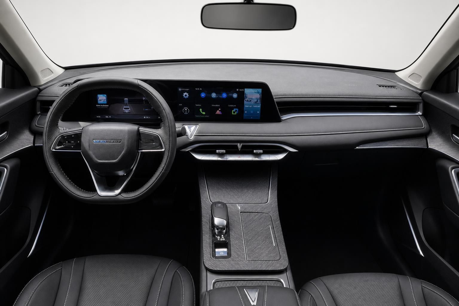 Cockpit mit Lenkrad und großem Infotainment-Bildschirm im Fahrzeuginnenraum