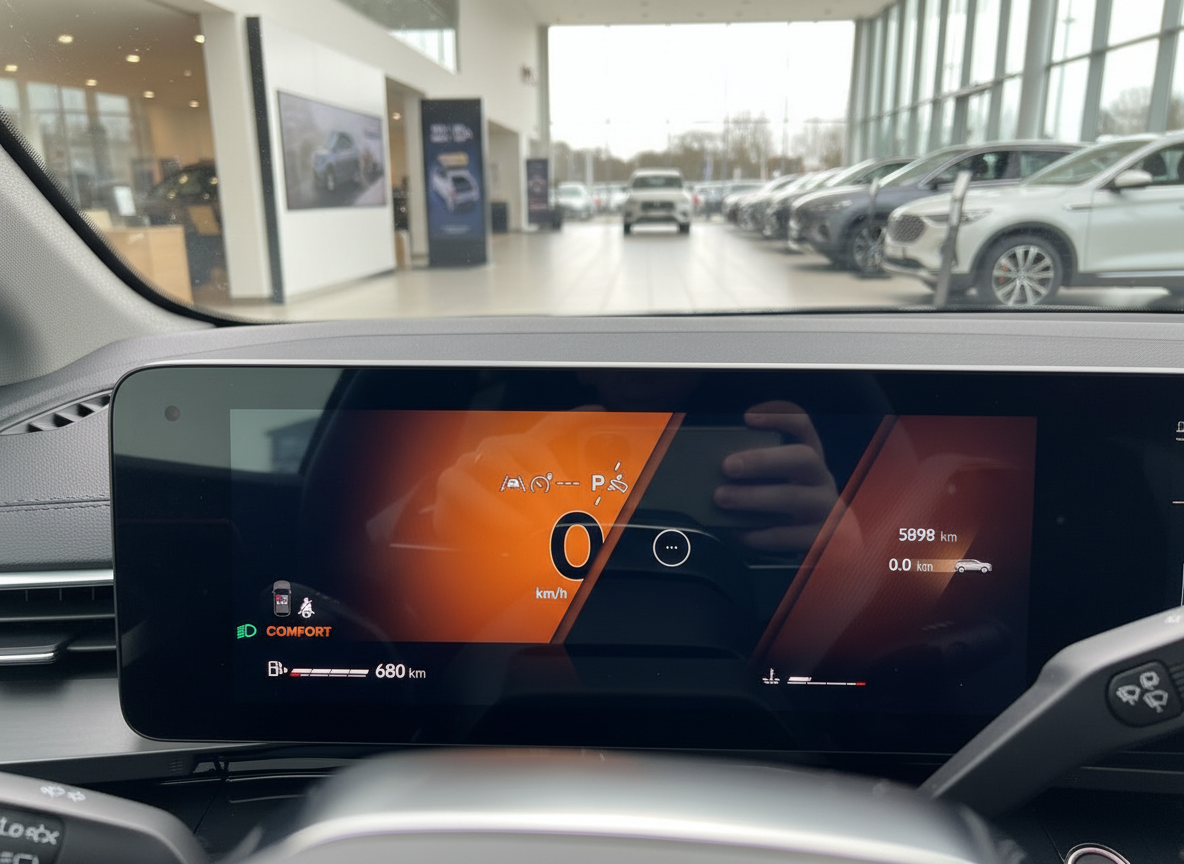 Kia Innenraum Cockpit mit digitalem Kombiinstrument, Tachoanzeige 0 km/h, Comfort-Modus, 680 km Reichweite