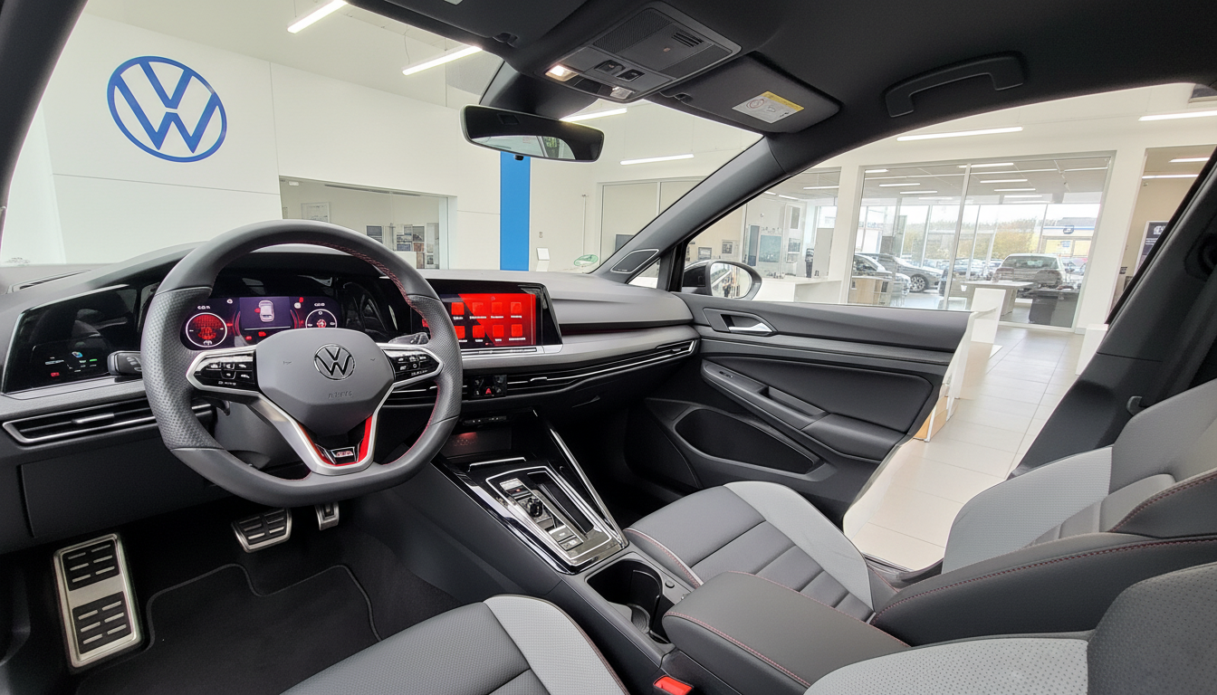 Innenraum VW Golf 8 GTI mit digitalem Cockpit, Touchscreen-Infotainment, Ledersitzen mit roten Ziernähten, Multifunktionslenkrad und DSG-Automatikgetriebe