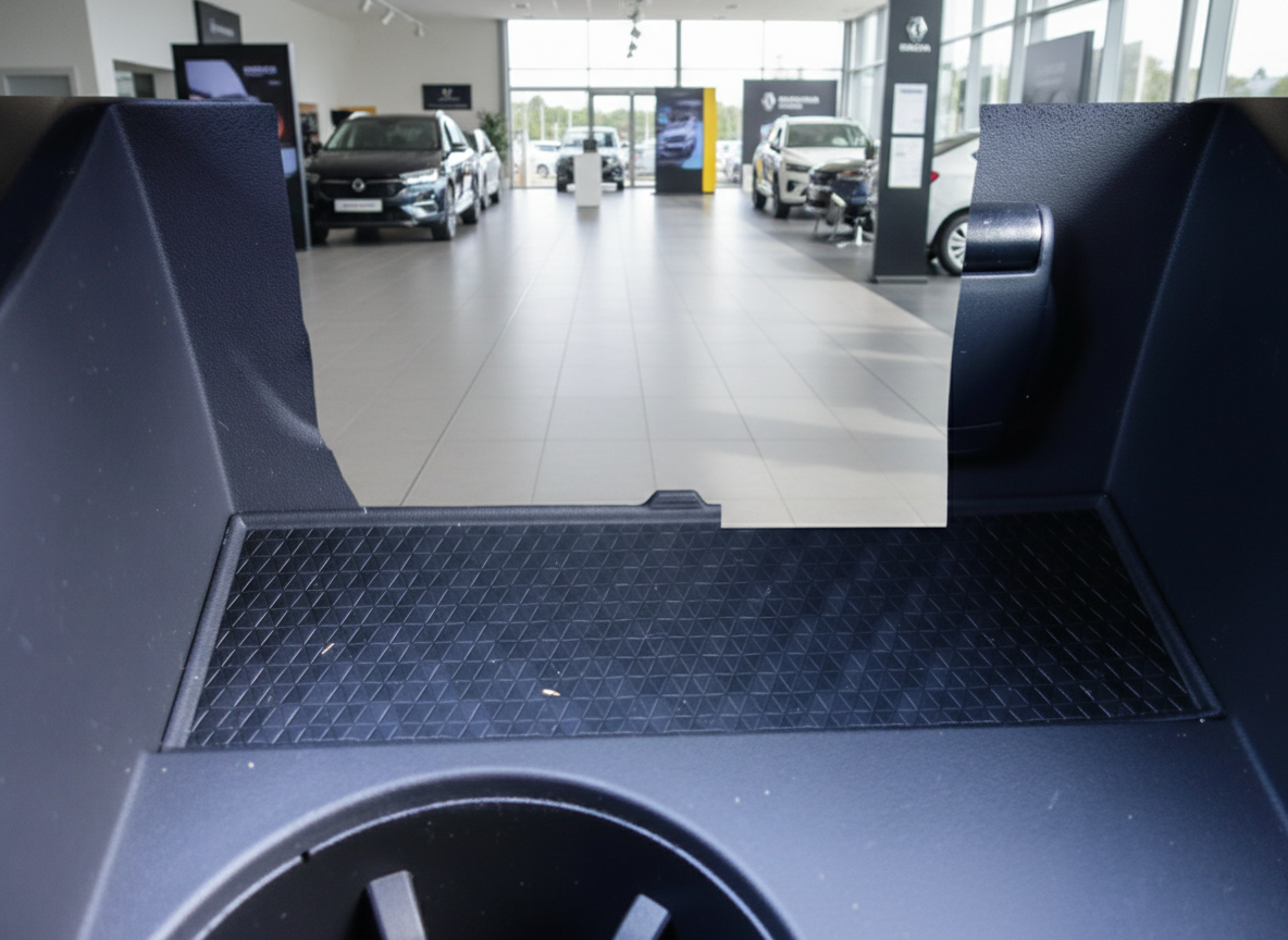 Kofferraum eines Fahrzeugs mit schwarzer Gummimatte in einem Autohaus-Showroom