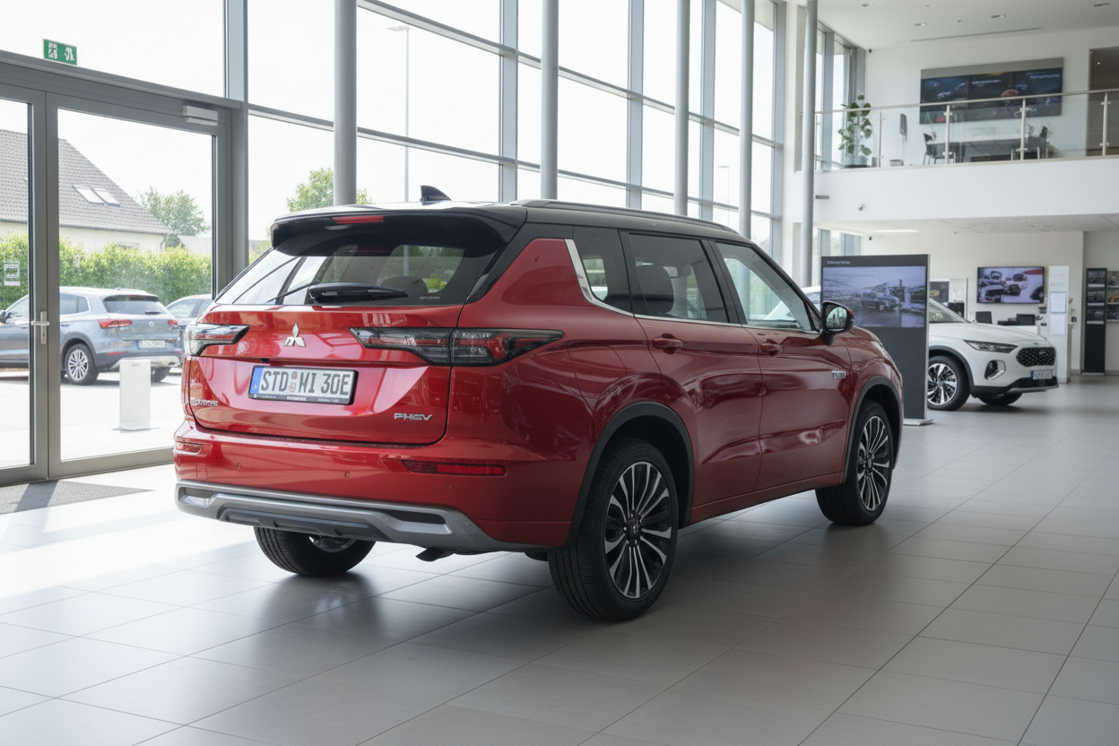 Roter Mitsubishi Outlander PHEV SUV Heckansicht im Autohaus-Showroom