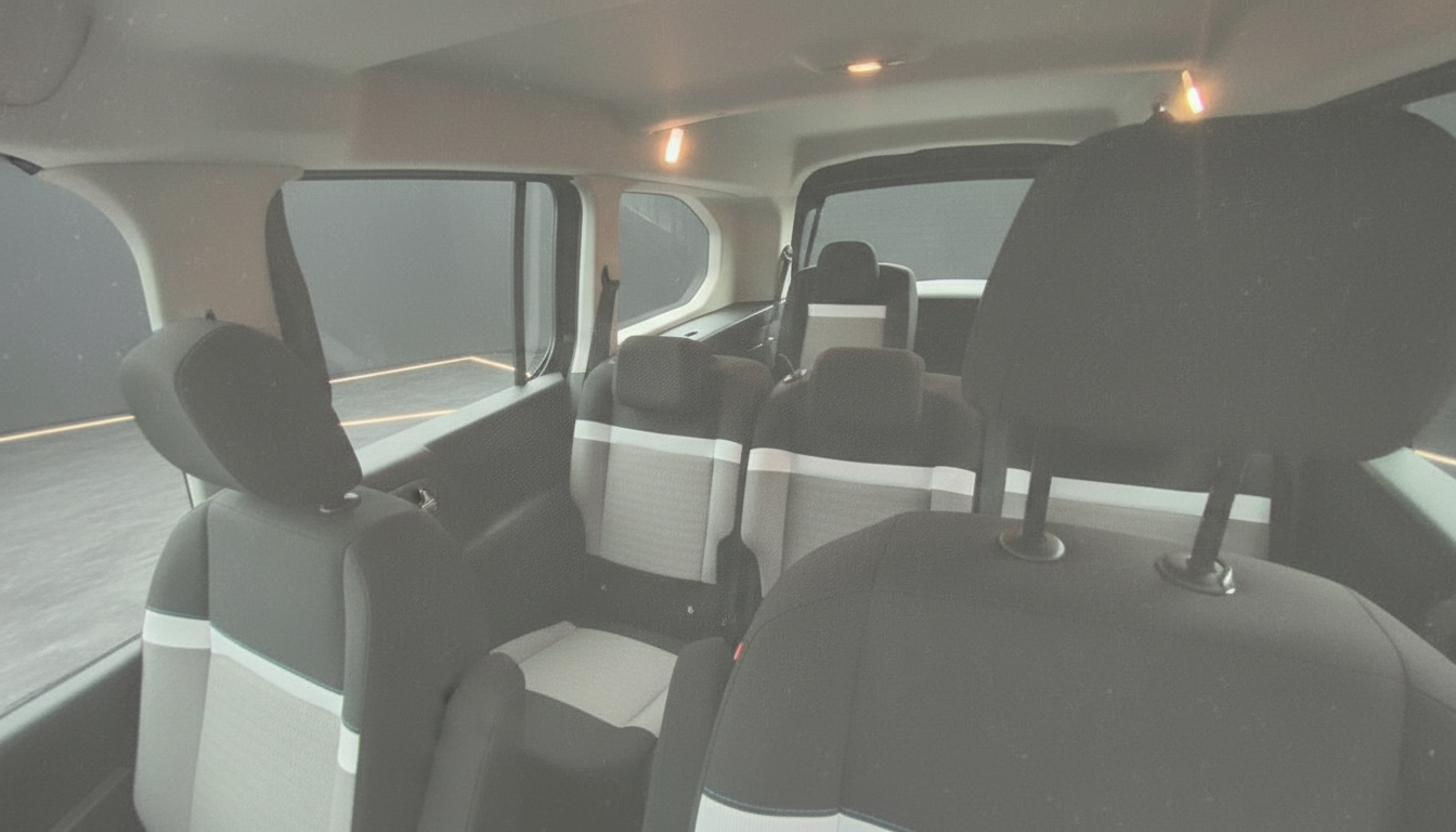 Fahrzeuginnenraum mit mehreren Sitzreihen und schwarzen Stoffsitzen
