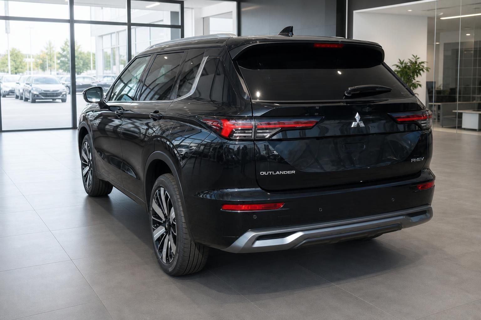 Mitsubishi Outlander PHEV Heckansicht schwarz mit LED-Rückleuchten im Autohaus-Showroom