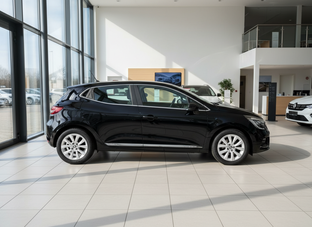 Schwarzer Renault Clio Fünftürer in Autohaus-Ausstellungsraum, Seitenansicht