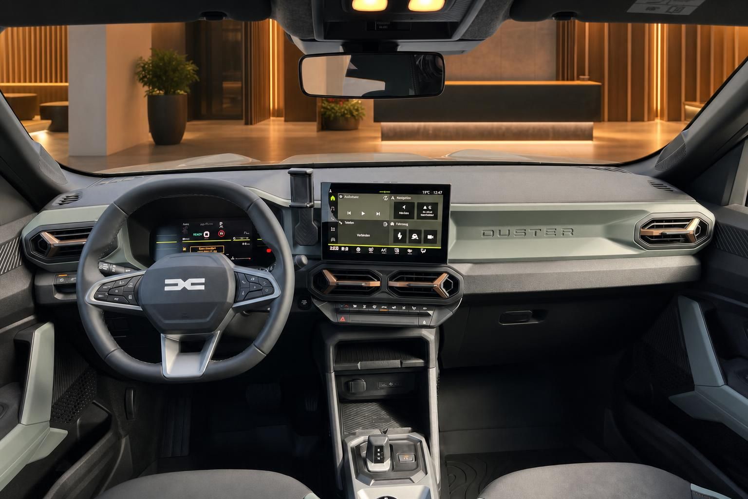 Dacia Duster Innenraum mit digitalem Cockpit, Touchscreen und modernem Armaturenbrett in grau