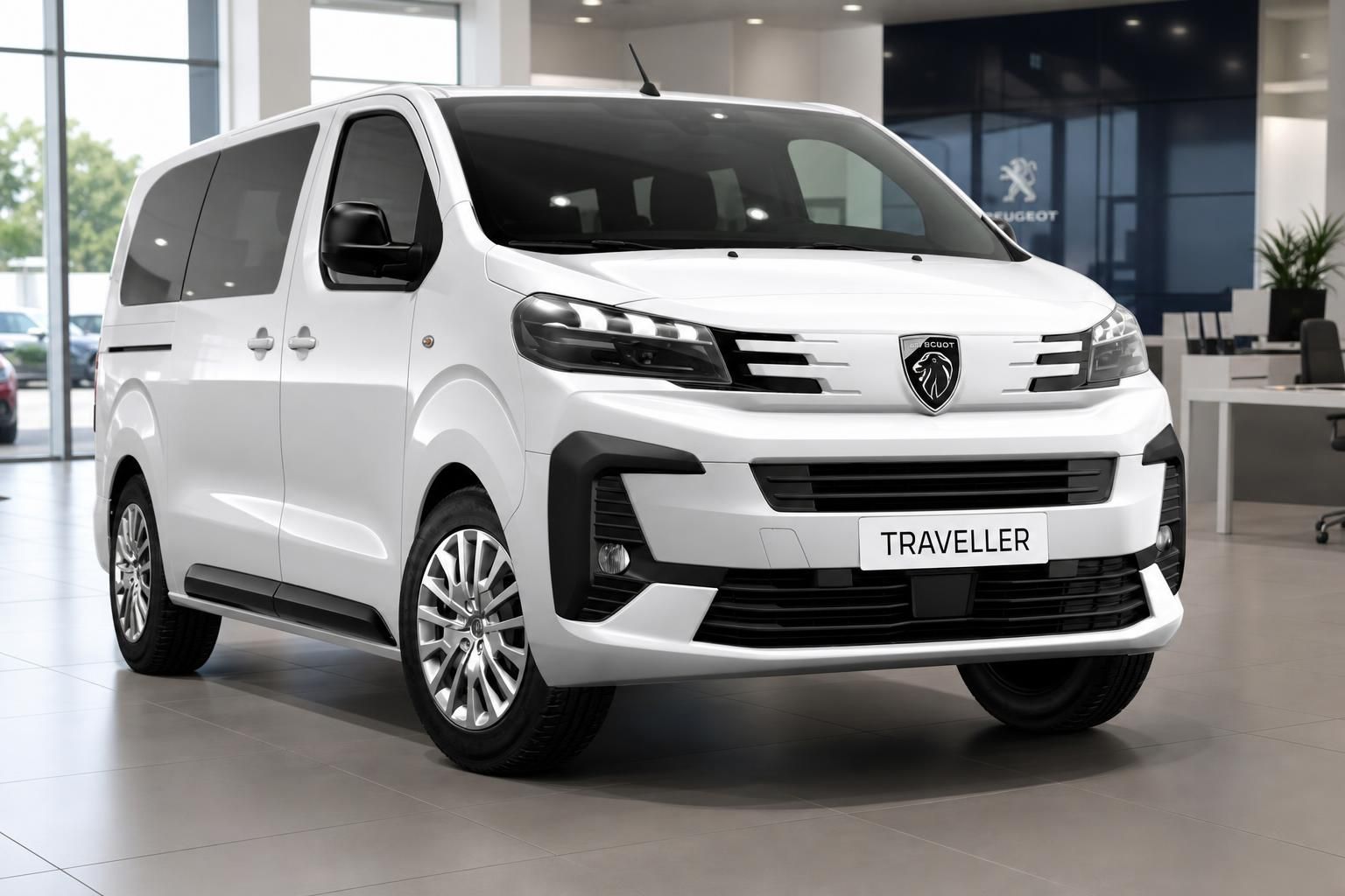 Peugeot Traveller weiss Frontansicht im Autohaus – Minibus Neufahrzeug