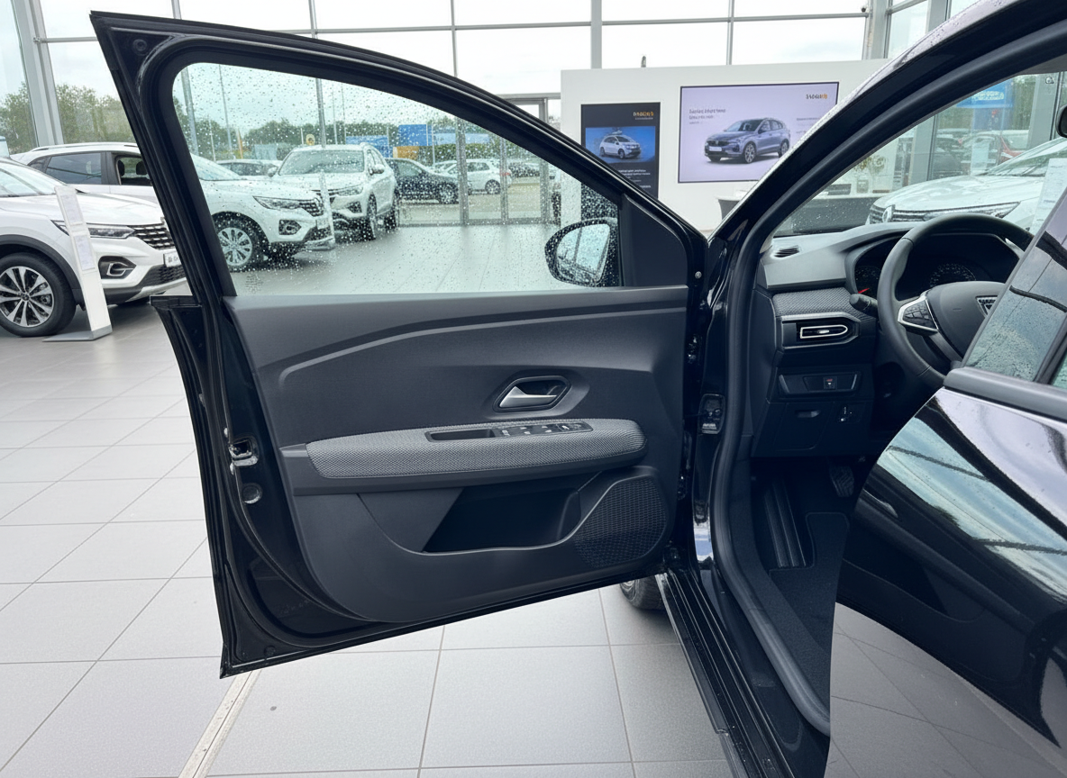 Schwarzer Dacia Sandero Fahrertür offen Innenansicht im Autohaus Showroom