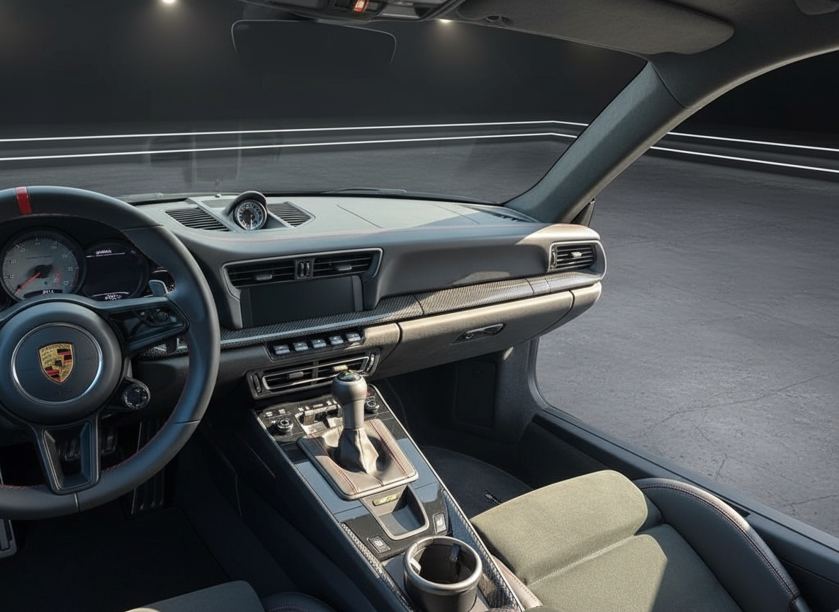 Porsche 911 Innenraum mit Schaltgetriebe, Carbon-Dekor und Sportlenkrad