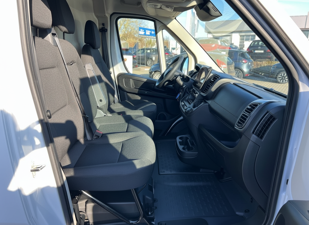 Innenraum eines weißen Transporter-Vans mit Doppelkabine, dunklen Stoffsitzen und moderner Mittelkonsole