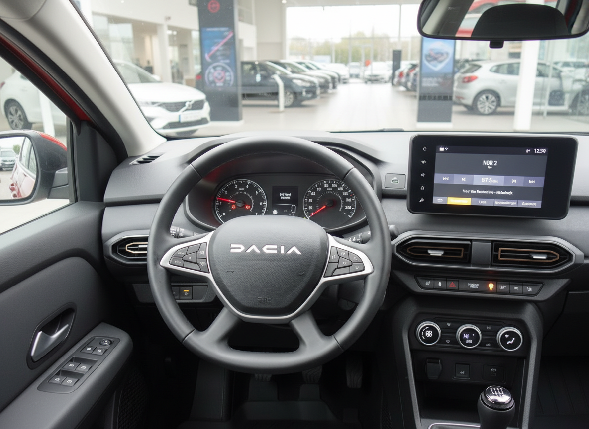 Dacia Innenraum mit Lenkrad, Cockpit und Infotainment-Display im Autohaus