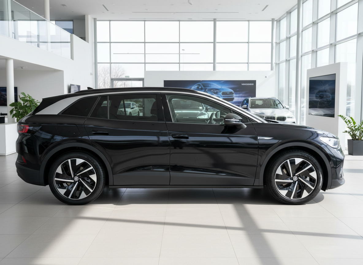 Schwarzer Volkswagen ID.4 SUV Seitenansicht im Autohaus Showroom
