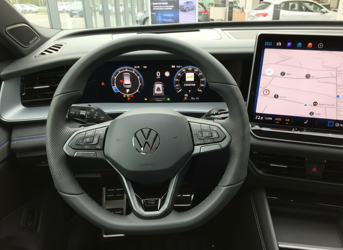 Volkswagen Innenraum mit digitalem Cockpit und Infotainment-Touchscreen mit Navigationskarte