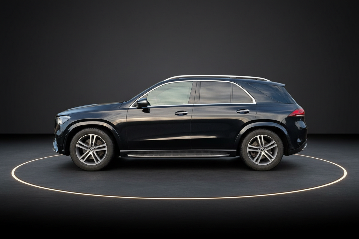 Mercedes-Benz GLE SUV in Schwarz, Seitenansicht auf dunklem Studiohintergrund