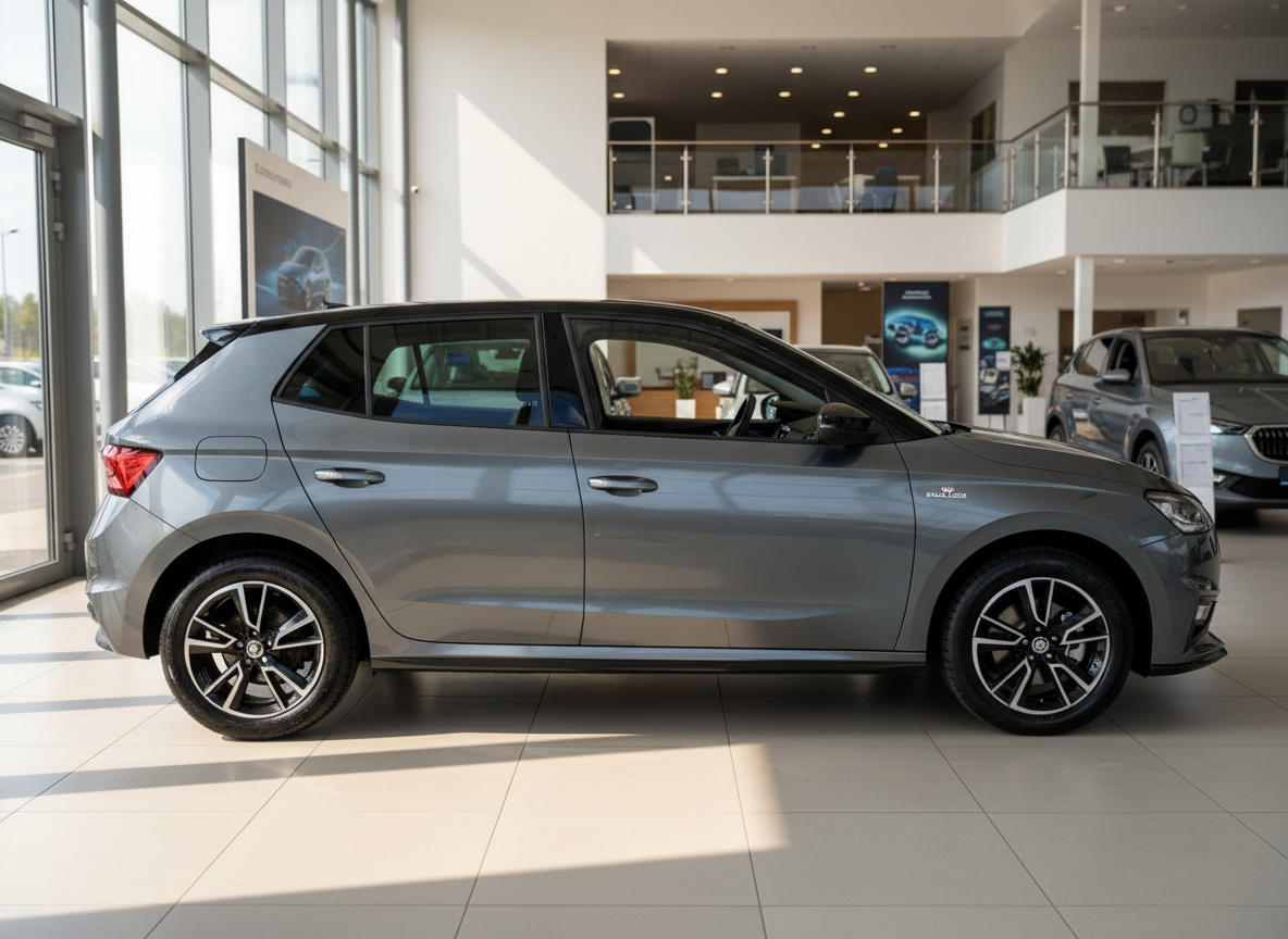 Škoda Fabia Mk4 in Grau metallic, Seitenansicht im Autohaus-Showroom