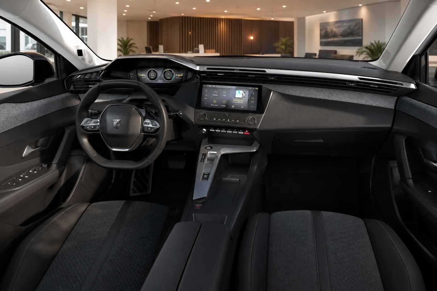 Peugeot 408 Cockpit mit Lenkrad, Display und Sitzen