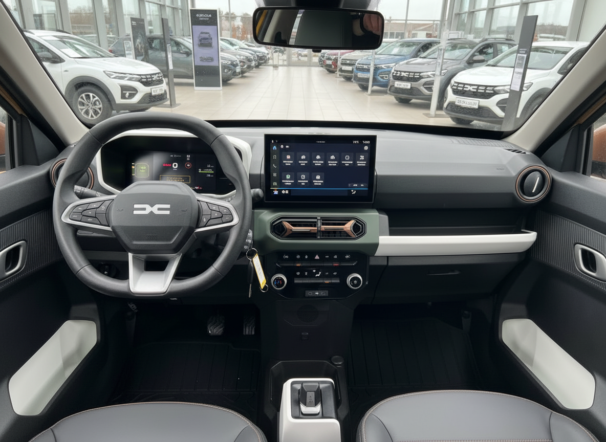 Dacia Innenraum mit digitalem Cockpit, Touchscreen und modernem Armaturenbrett im Autohaus