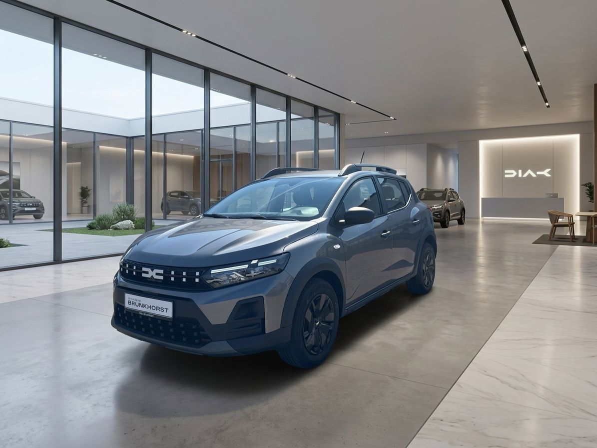 Dacia SUV blau-grau im modernen Autohaus Showroom - Frontansicht mit Dachreling