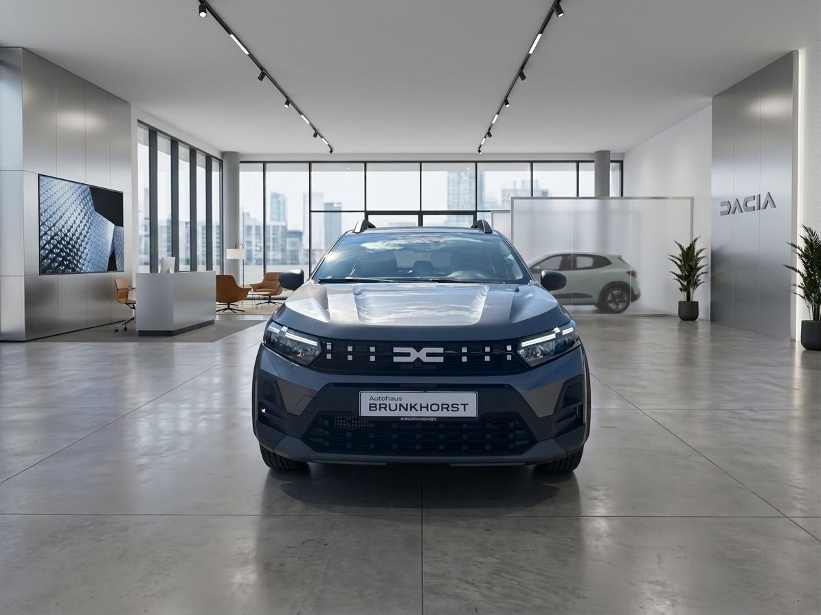 Dacia SUV blau-grau Frontansicht im Autohaus Showroom mit modernem Design