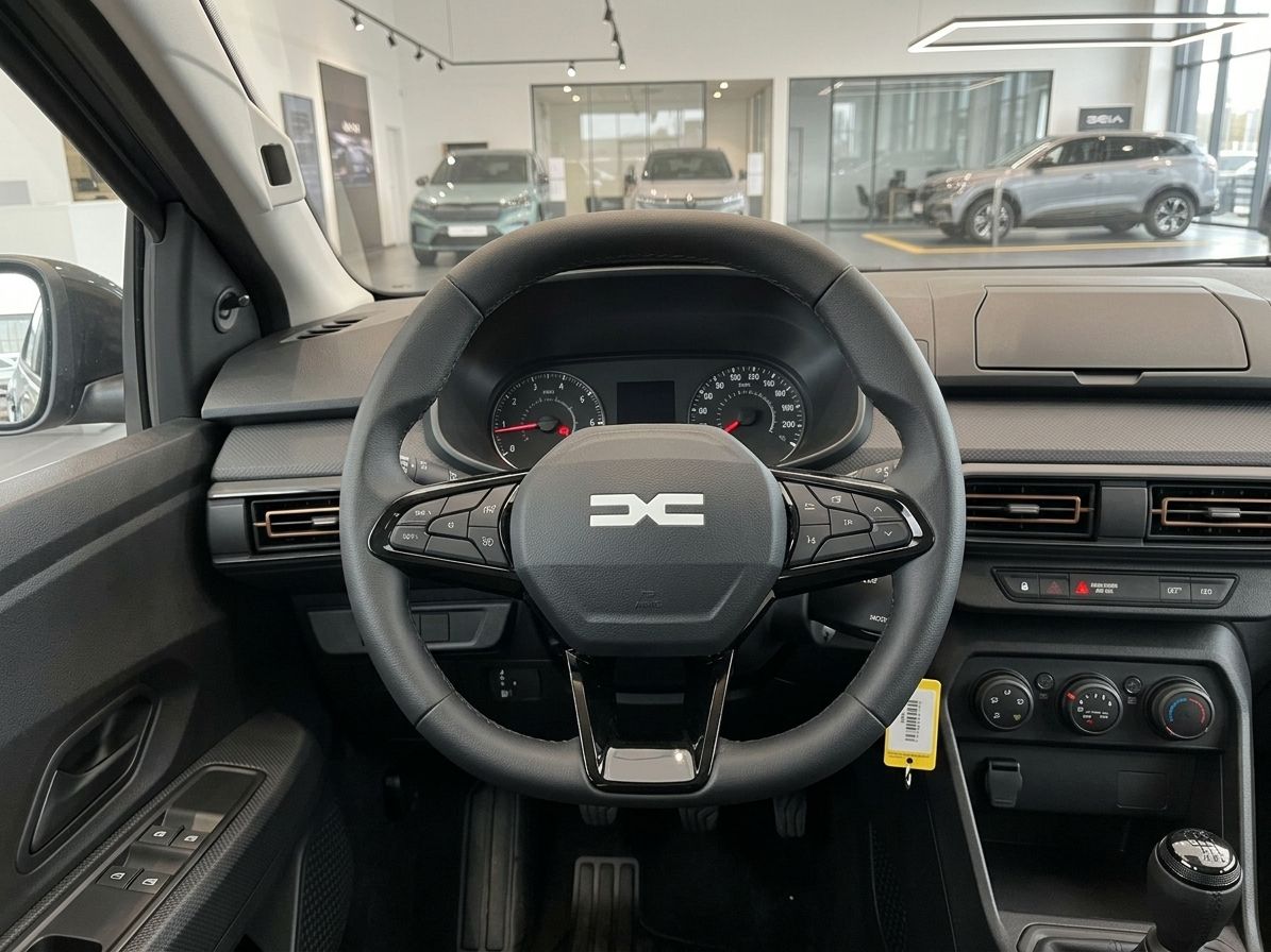 Dacia Cockpit mit Lenkrad, Tacho und Mittelkonsole im Autohaus-Showroom