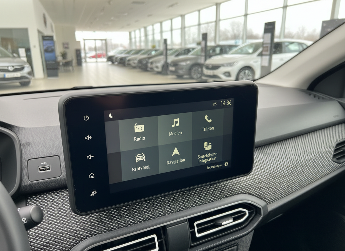 Dacia Infotainment-Display mit Radio, Navigation und Smartphone-Integration im Autohaus