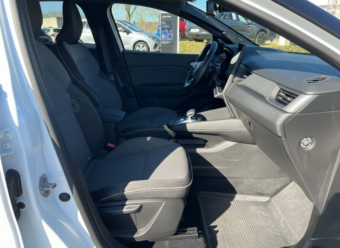 Fahrzeuginnenraum mit schwarzen Stoffsitzen, Mittelkonsole und Armaturenbrett in modernem Design