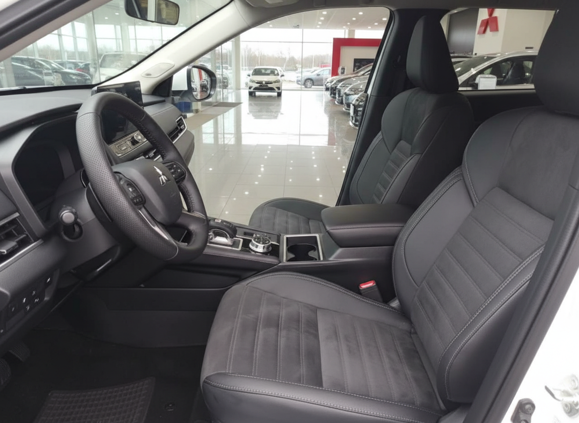 Mitsubishi Innenraum mit schwarzen Ledersitzen, Lenkrad und Mittelkonsole im Autohaus