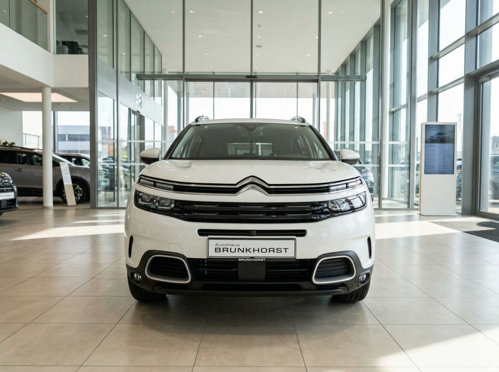 Citroën C5 Aircross Frontansicht weiß mit charakteristischem Kühlergrill im Autohaus-Showroom