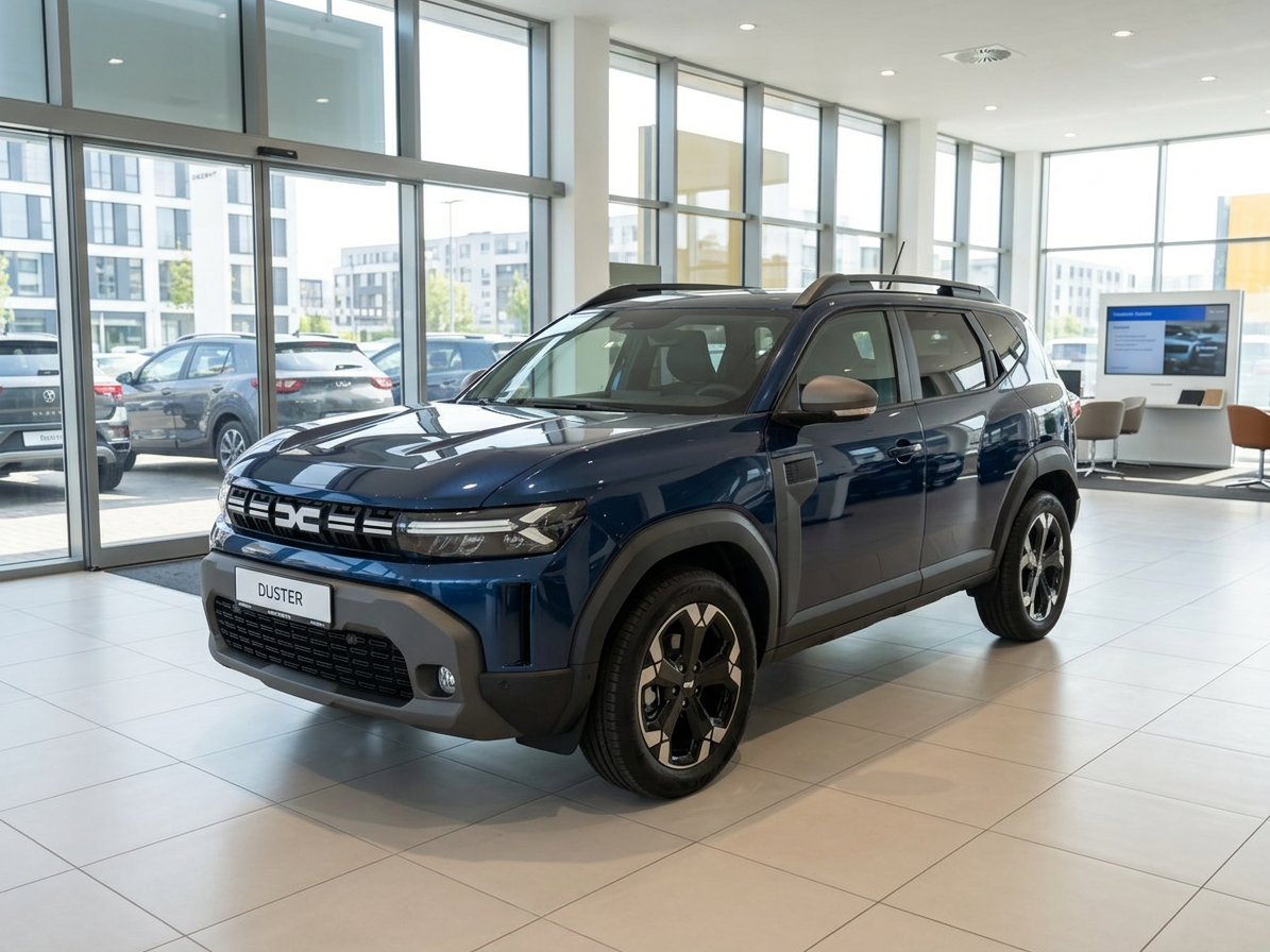 Dacia Duster 3. Generation in Dunkelblau metallic in Autohaus-Showroom