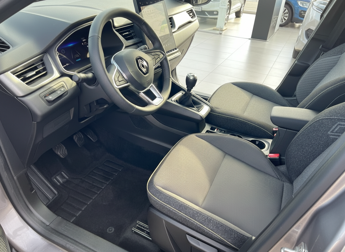 Renault Innenraum mit Lederlenkrad, Schaltgetriebe und modernem Infotainment-Display