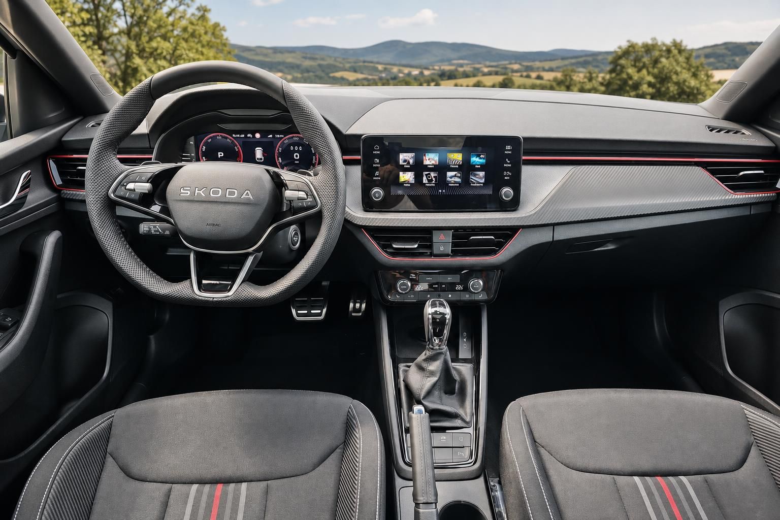 Skoda Cockpit mit Lenkrad, Touchscreen und Panoramablick