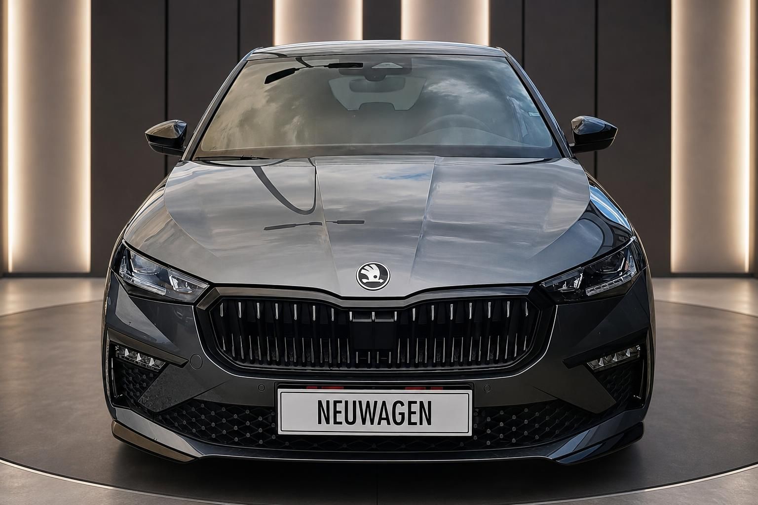Skoda Octavia schwarz, Frontansicht mit Kuehlergrill im Studio