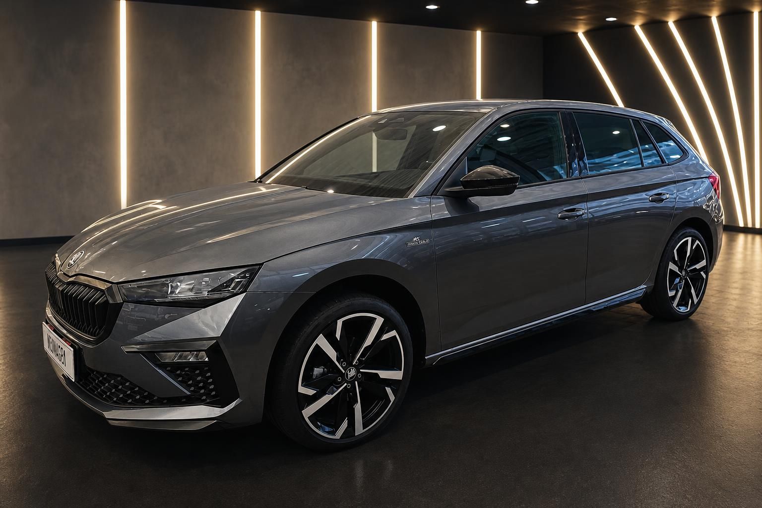 Skoda Scala Kombi grau, Frontansicht schraeg im Showroom