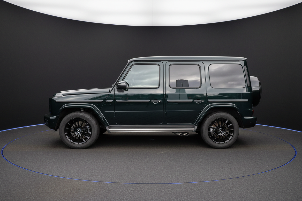 Mercedes-Benz G-Klasse in Dunkelgrün metallic Seitenansicht mit schwarzen Felgen