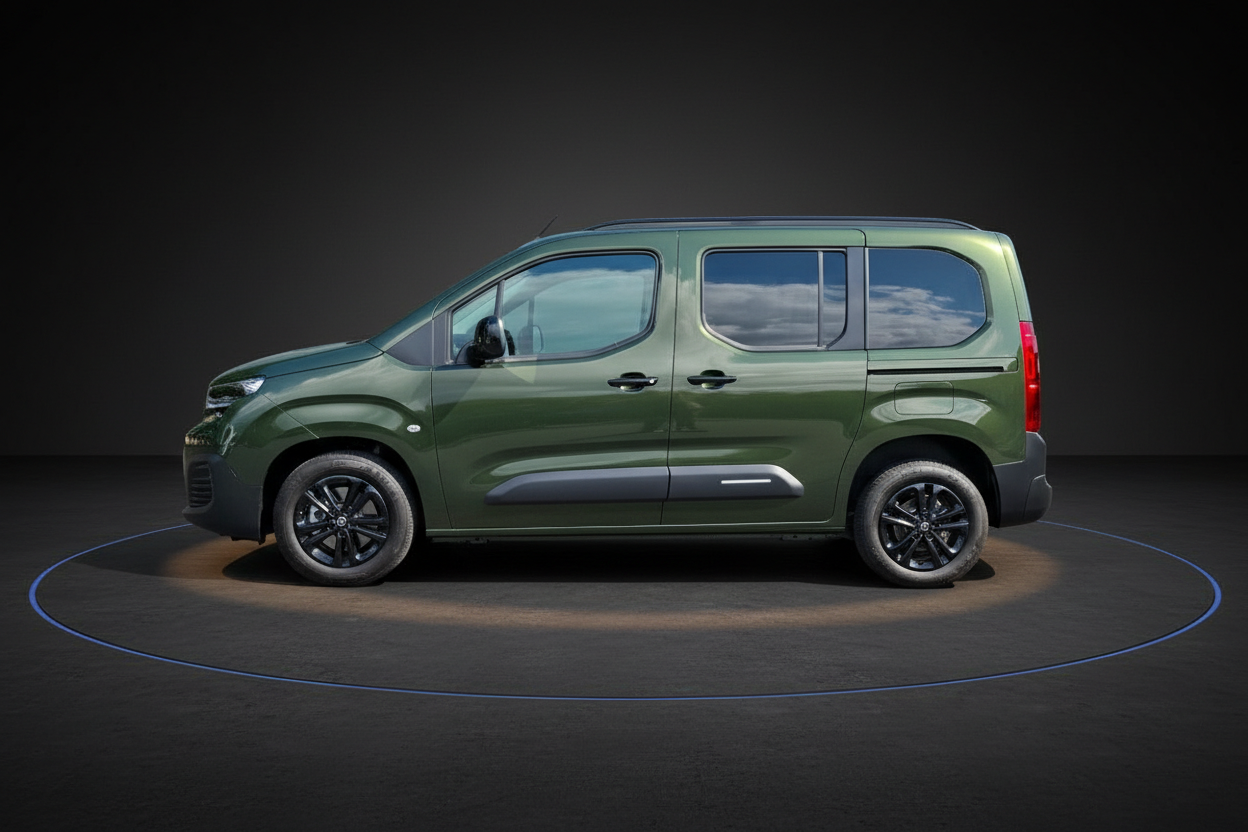 Opel Combo Life in Olivgrün – Seitenansicht auf dunklem Studiohintergrund