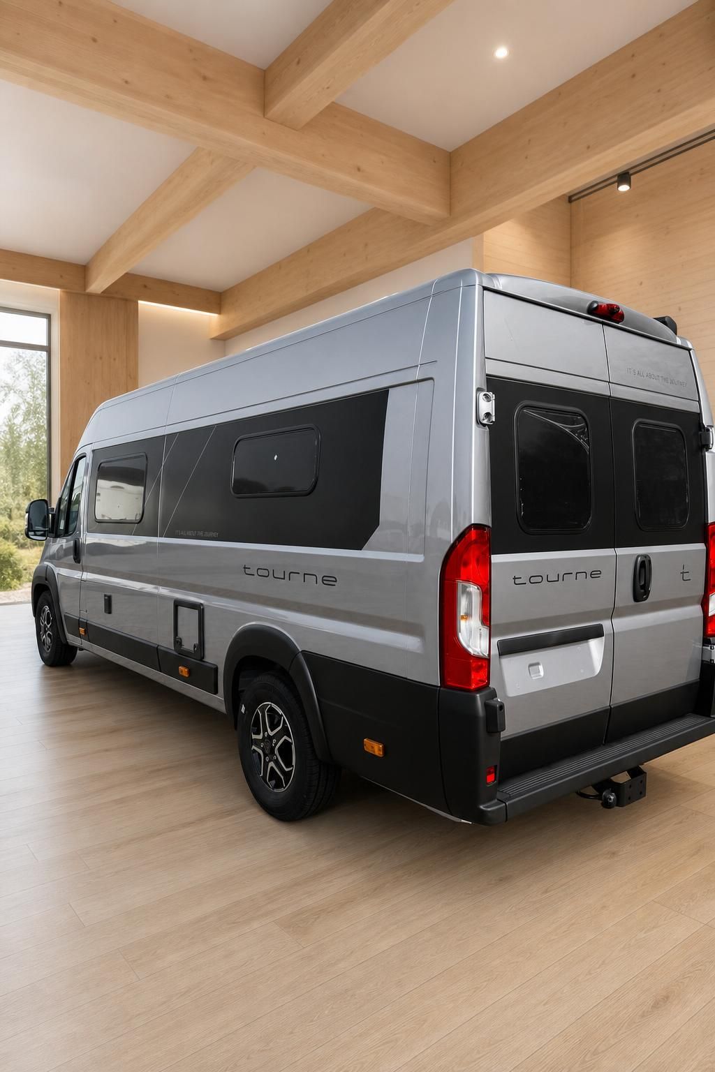 Tourne Camper Van Heck schraeg von hinten im Holz-Showroom