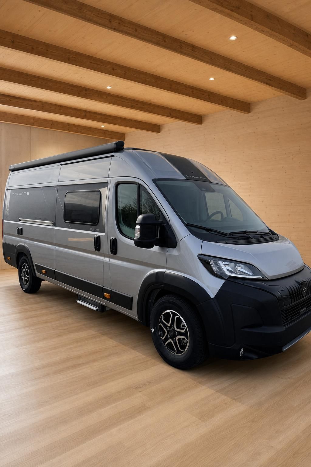 Tourne Kastenwagen Wohnmobil in Front-Seitenansicht mit Thule-Dachbox