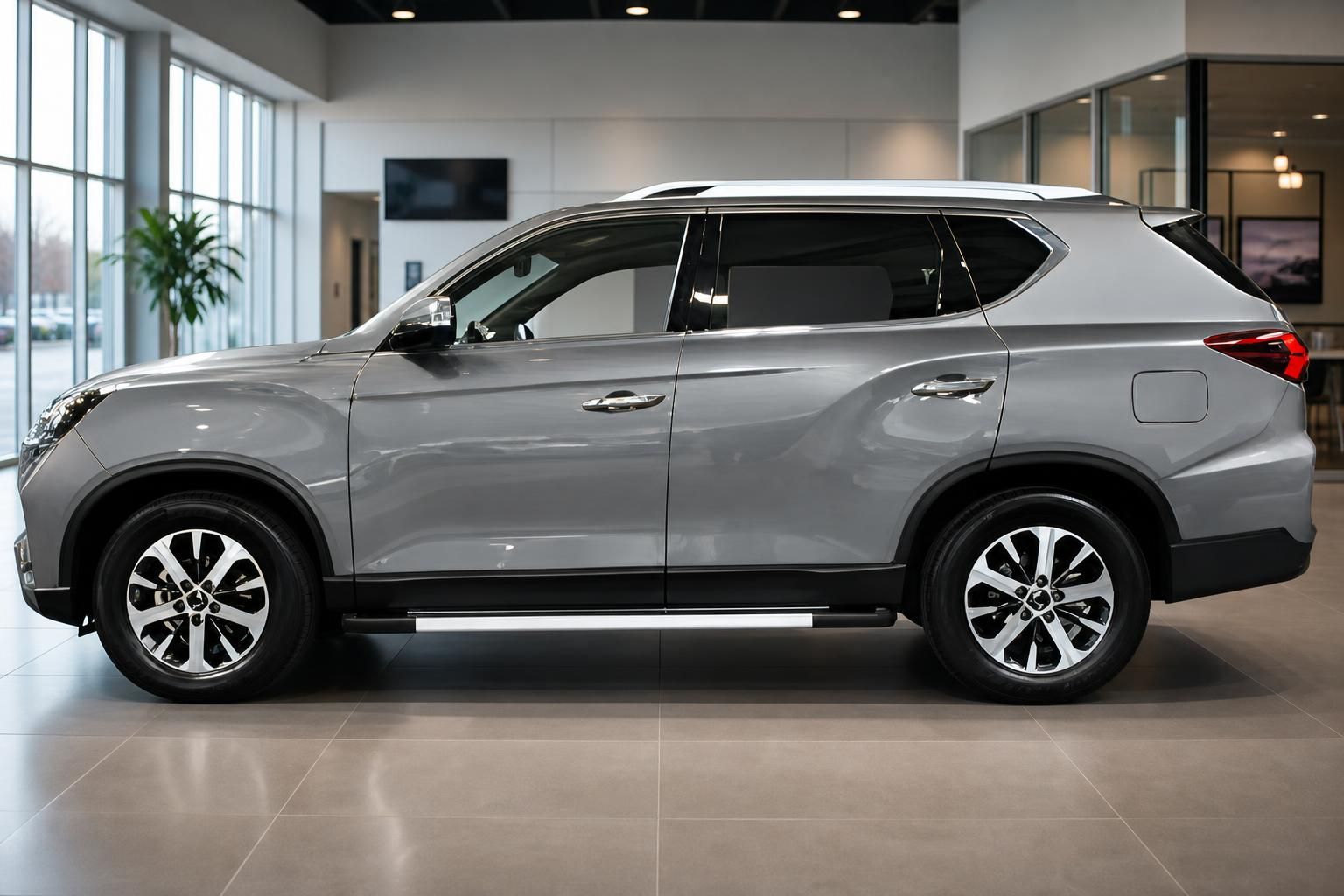Grauer SUV Seitenansicht im Autohaus – elegantes Design mit Leichtmetallfelgen