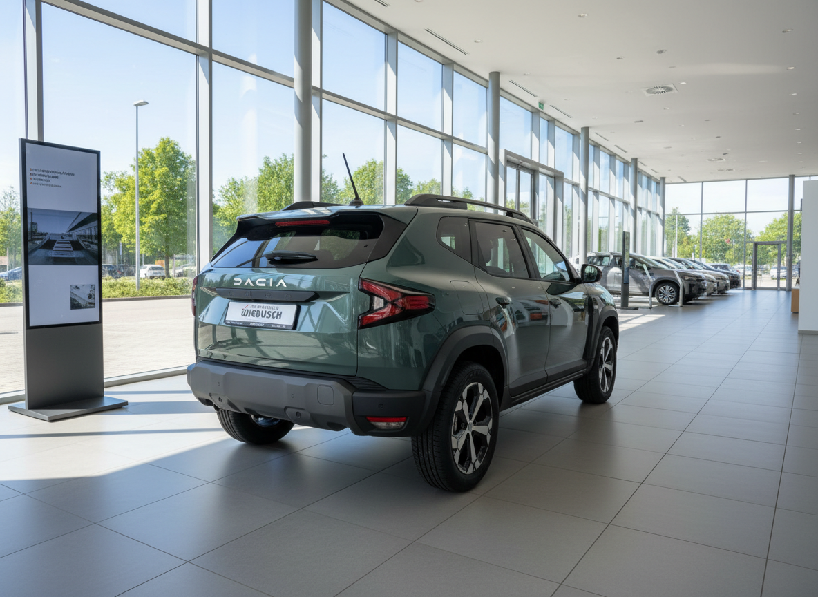 Dacia Duster SUV in Grün Heckansicht im Autohaus Wiedbusch Showroom